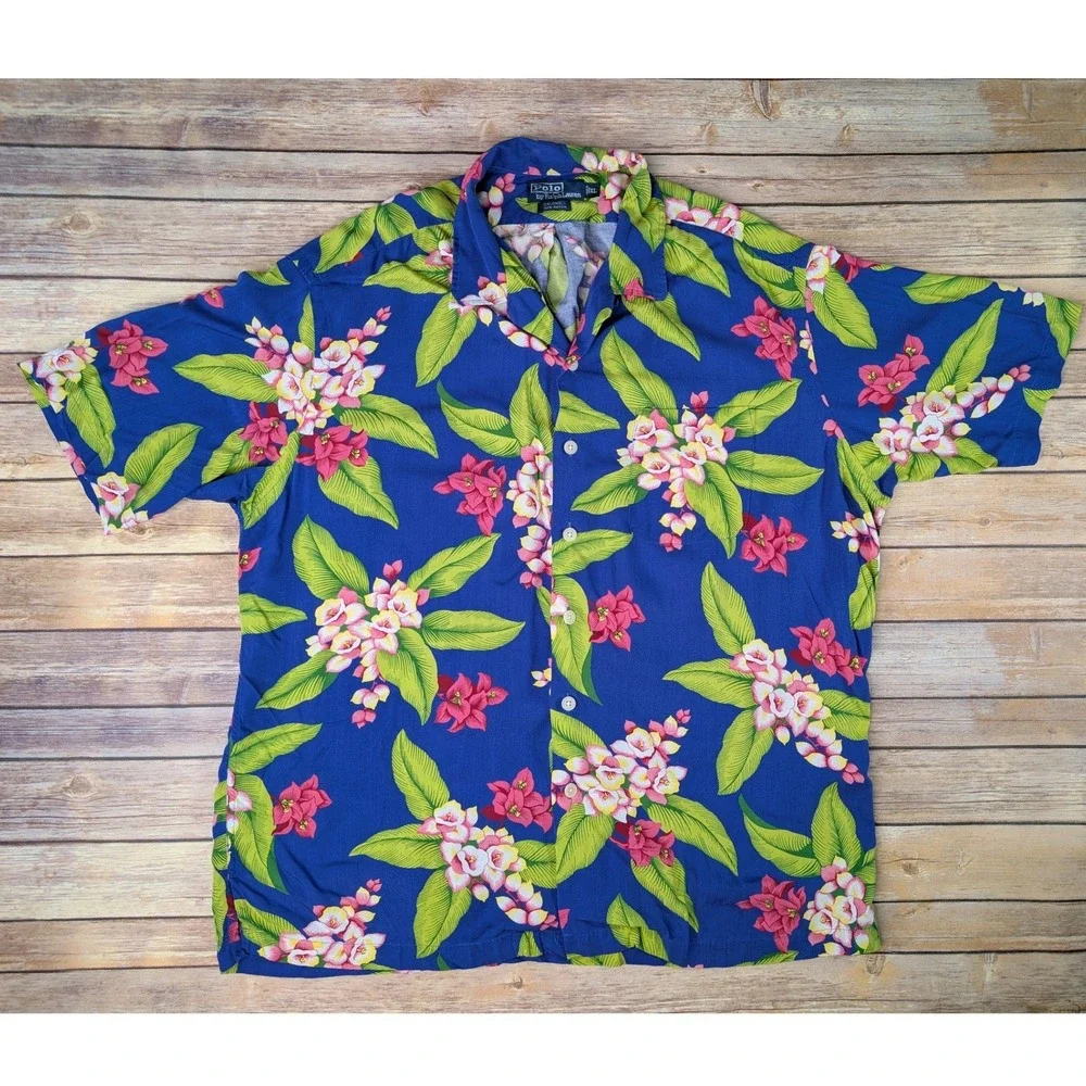 Vintage 90s Polo Ralph Lauren Caldwell Hawaiian Shirt XL Rayon Floral Tropical